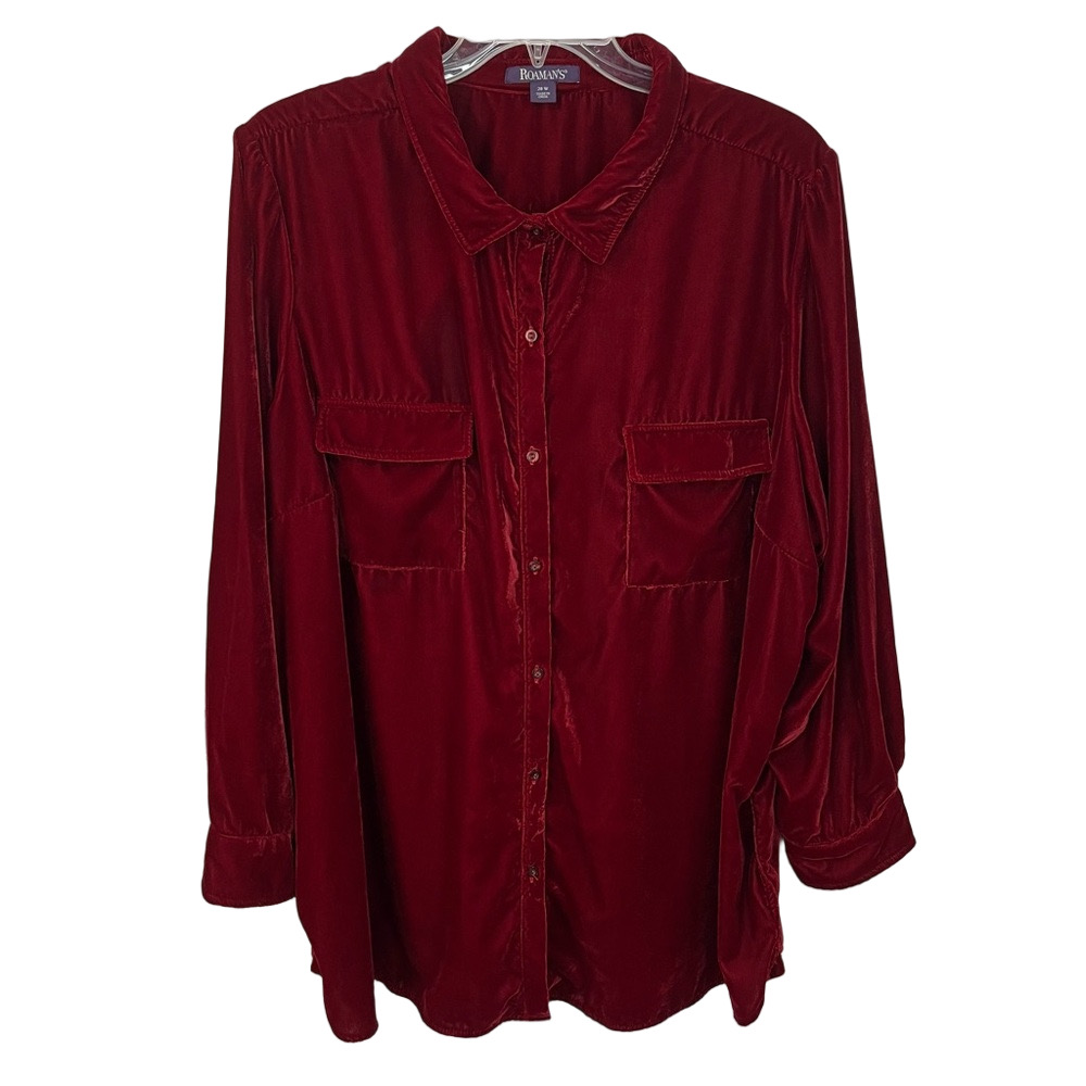 Roaman’s Velvet Button-Up Long Sleeve Shirt 28W Red Burgundy Vampire Goth Office